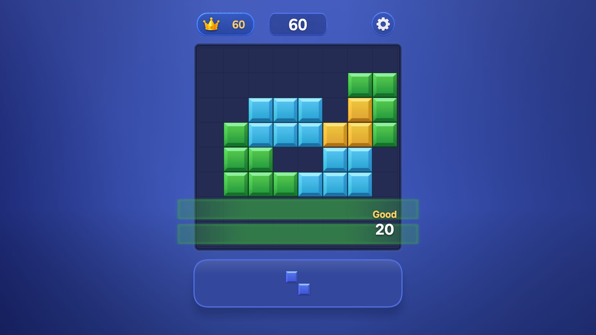 Block Blast Master — a cleared line rewarded with a "Good" bonus of +20 points
