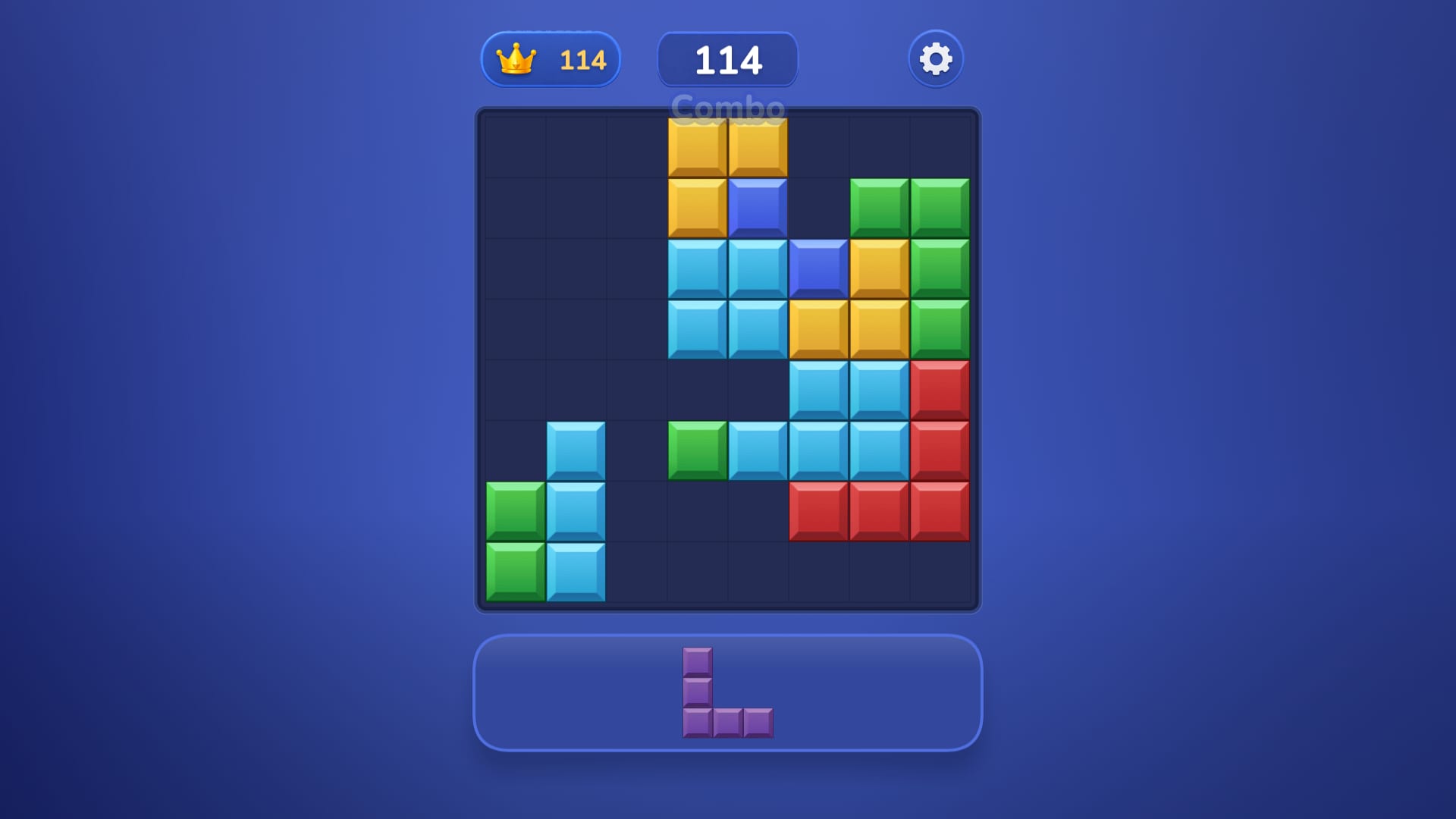 Block Blast Master — a Combo fired off by clearing several lines in a row, score at 114