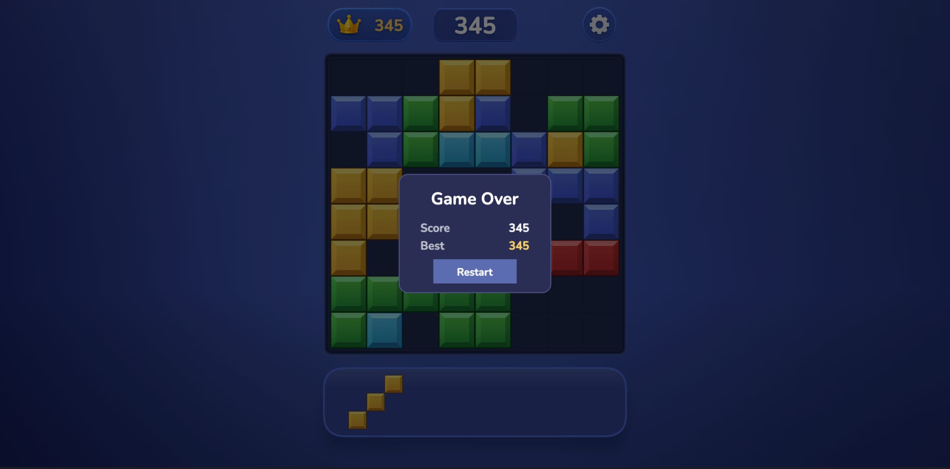 Block Blast Master — the Game Over screen with the final score, best result and a Restart button